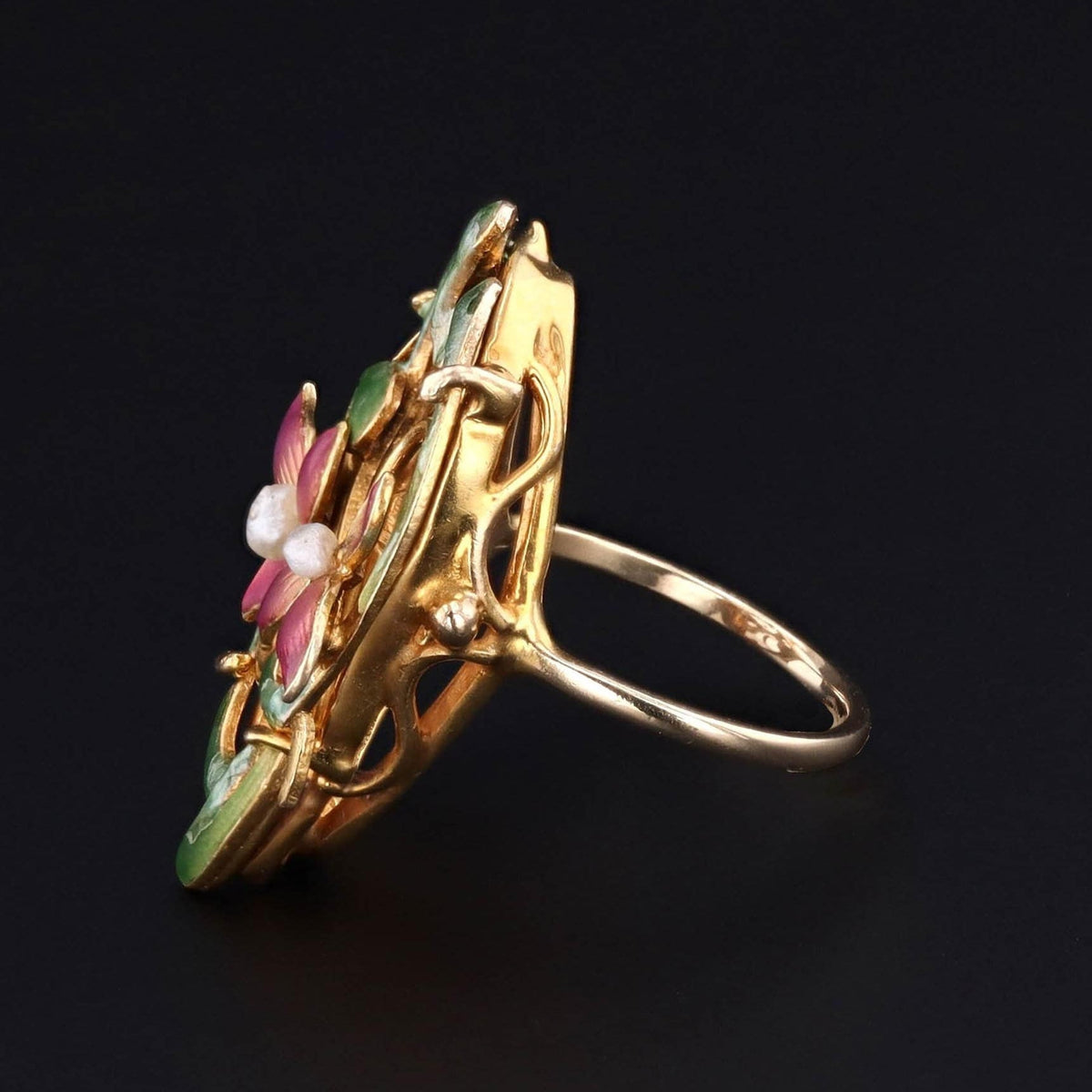 Antique Enamel Flower Ring | 14k Gold Enamel &amp; Pearl Ring - Trademark Antiques