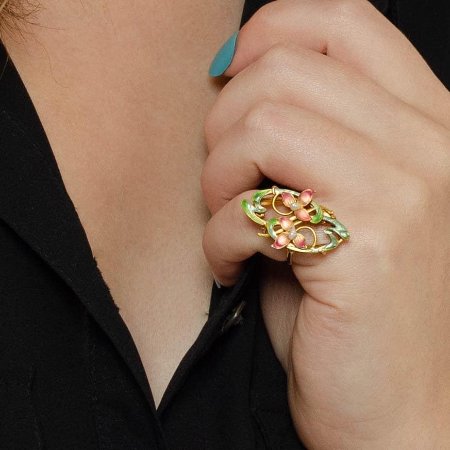 Antique Enamel Flower Ring | 14k Gold Enamel &amp; Pearl Ring - Trademark Antiques