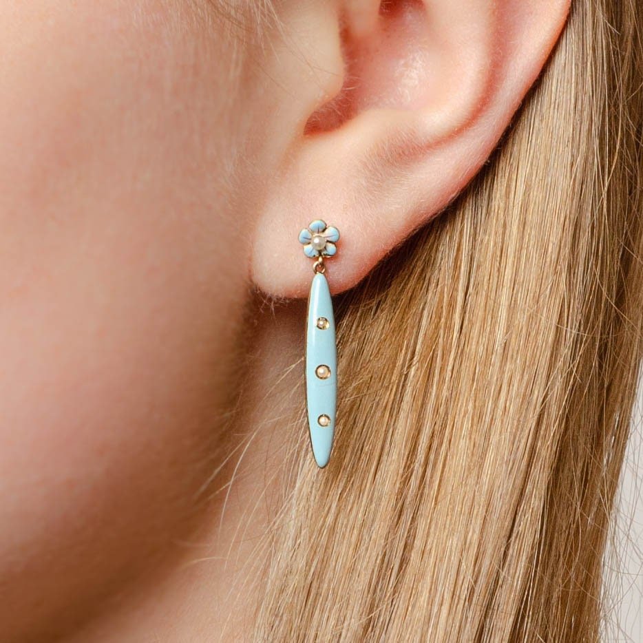 Antique Enamel Forget - Me - Not Conversion Earrings of 14k Gold - Trademark Antiques