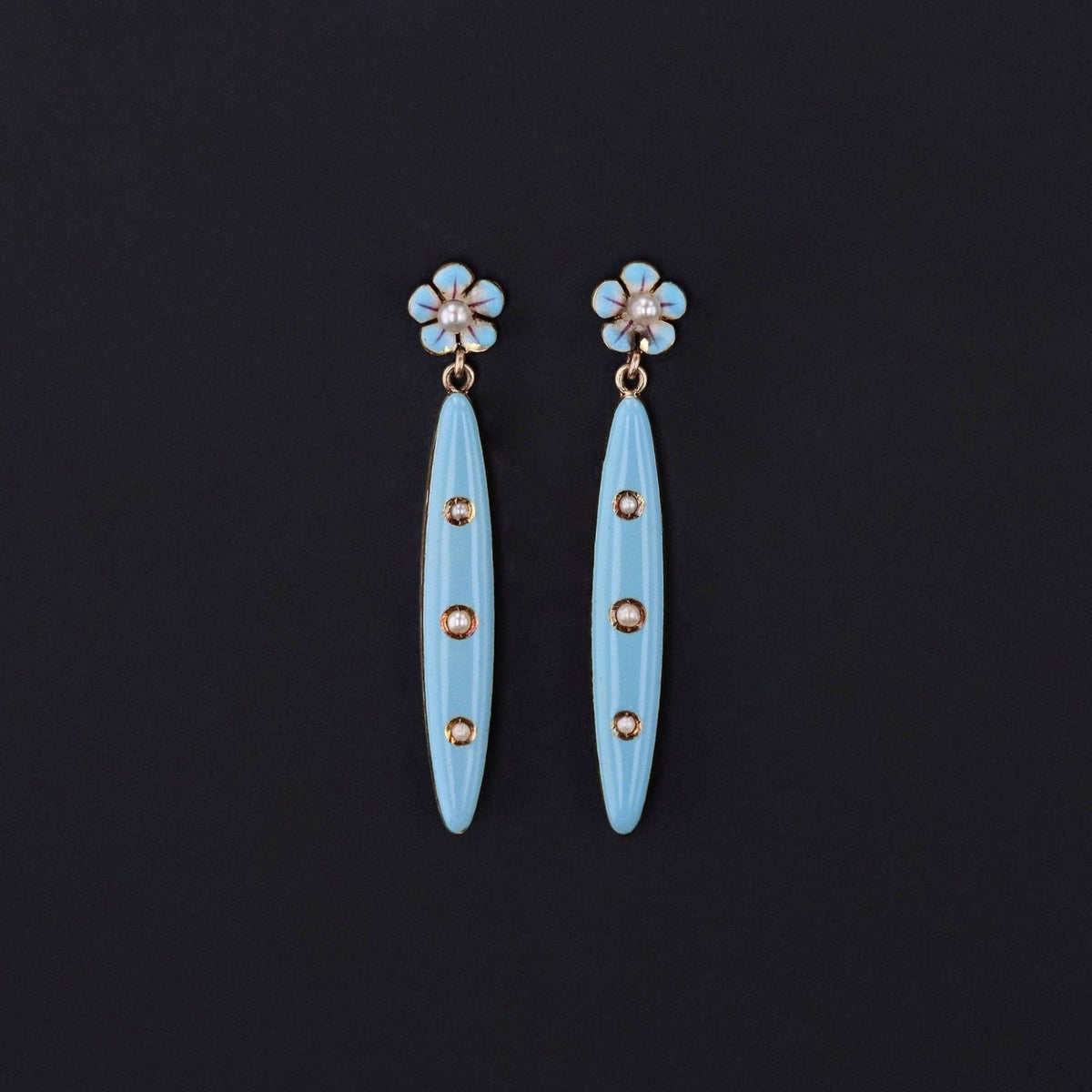 Antique Enamel Forget - Me - Not Conversion Earrings of 14k Gold - Trademark Antiques
