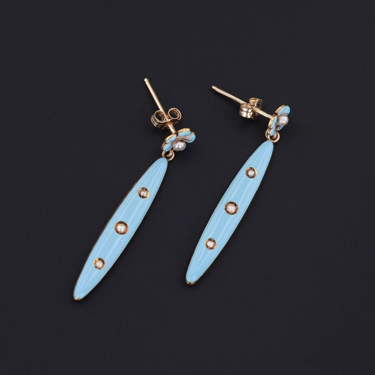 Antique Enamel Forget - Me - Not Conversion Earrings of 14k Gold - Trademark Antiques
