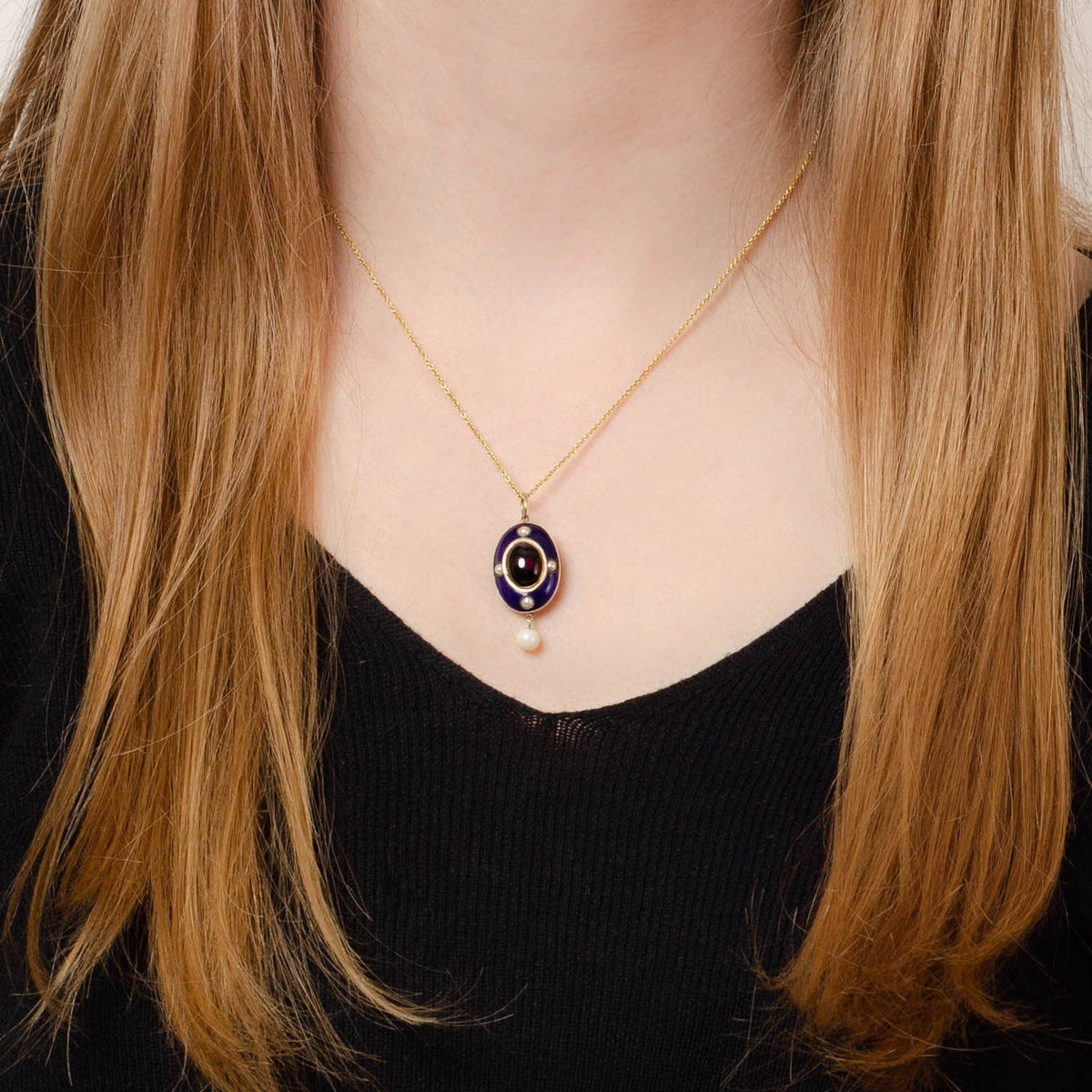 Antique Enamel Garnet and Pearl Pendant of 14k Gold - Trademark Antiques