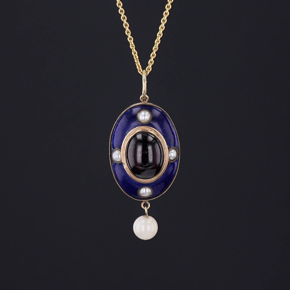 Antique Enamel Garnet and Pearl Pendant of 14k Gold - Trademark Antiques
