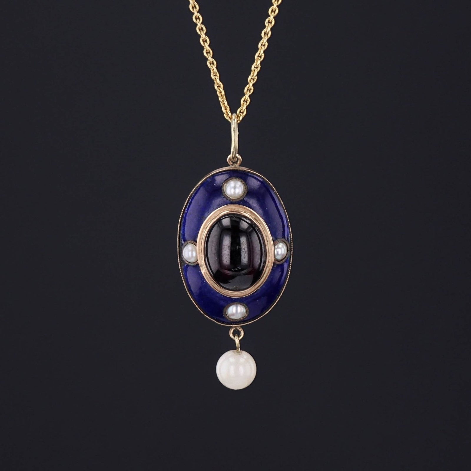 Antique Enamel Garnet and Pearl Pendant of 14k Gold - Trademark Antiques