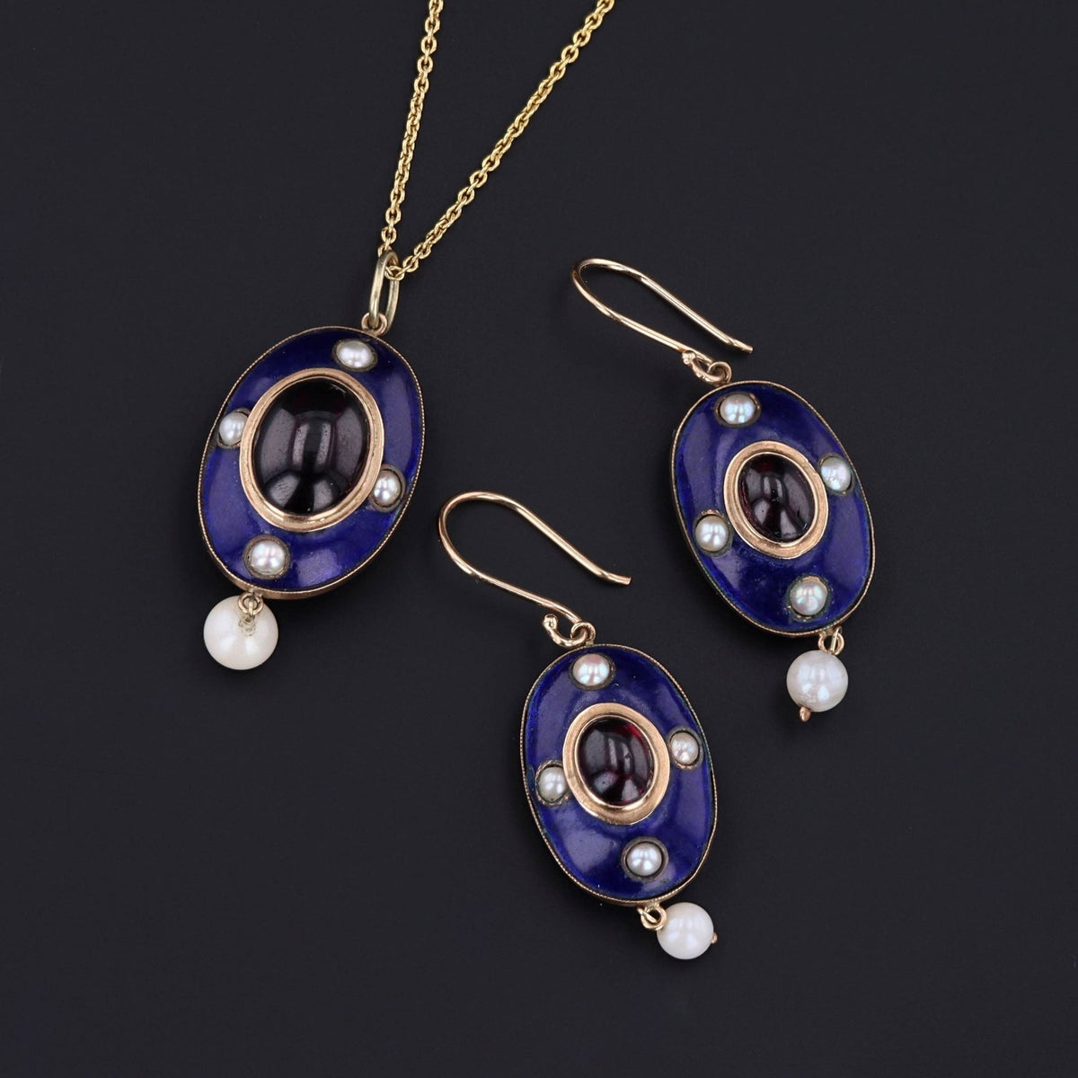Antique Enamel Garnet and Pearl Pendant of 14k Gold - Trademark Antiques
