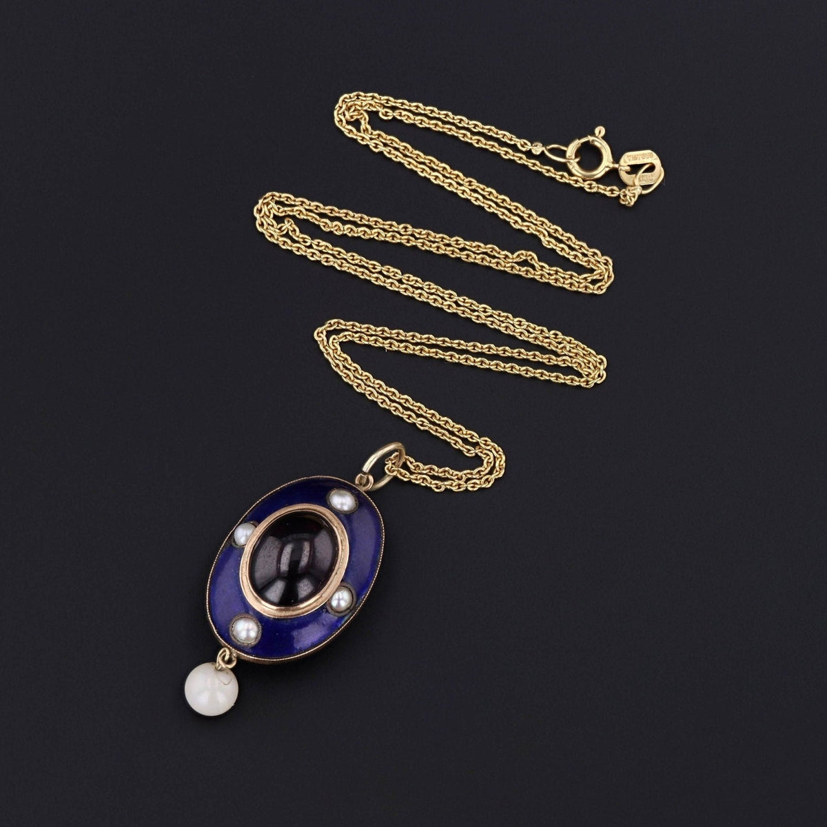 Antique Enamel Garnet and Pearl Pendant of 14k Gold - Trademark Antiques