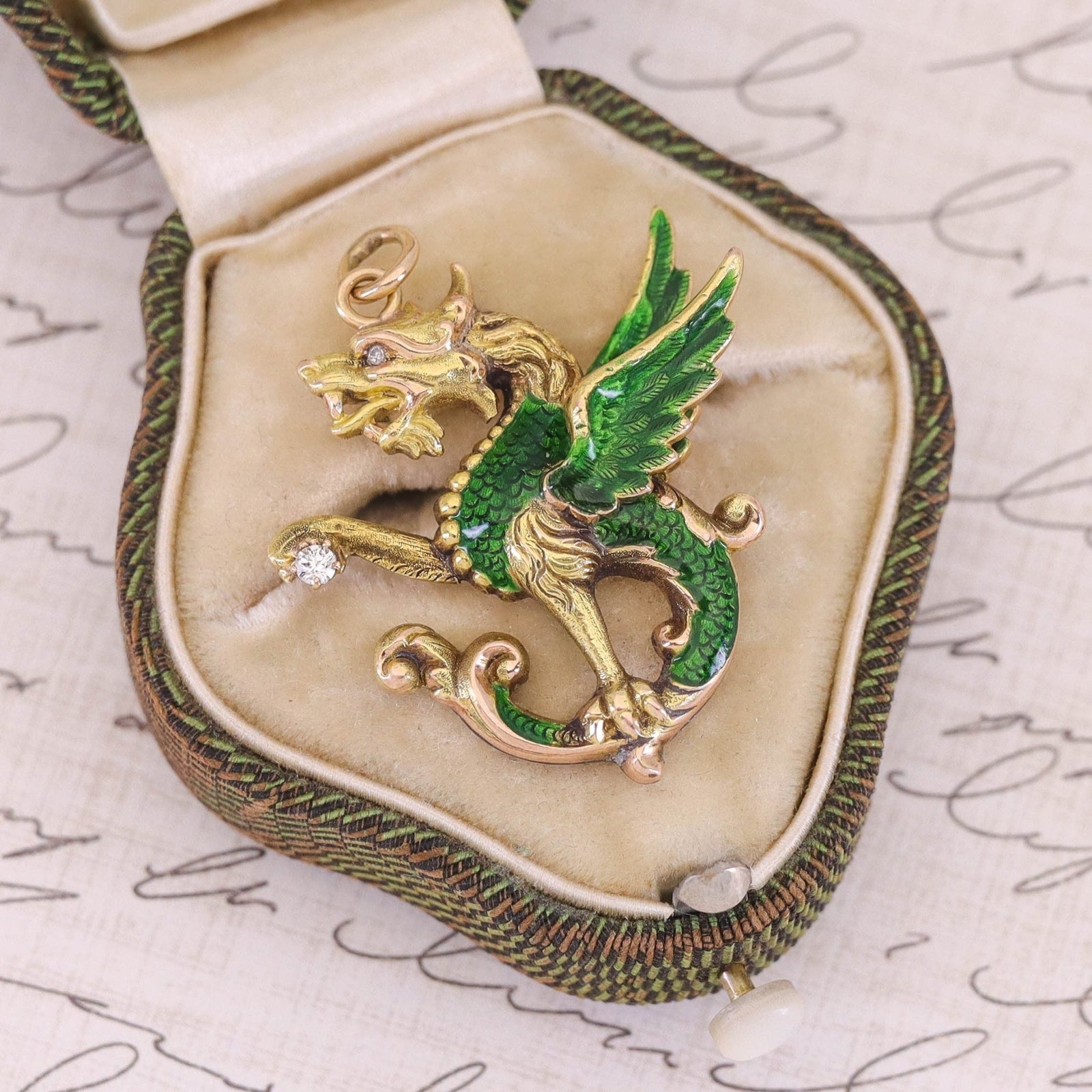 Antique Enamel Griffin Conversion Pendant of 14k Gold - Trademark Antiques