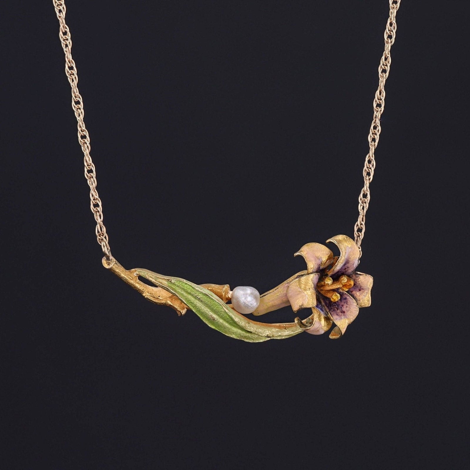 Antique Enamel Lily Conversion Necklace of 14k Gold - Trademark Antiques