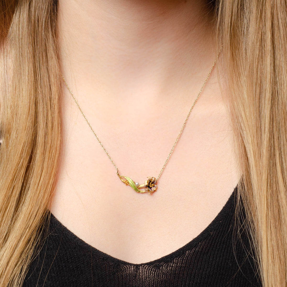 Antique Enamel Lily Conversion Necklace of 14k Gold - Trademark Antiques