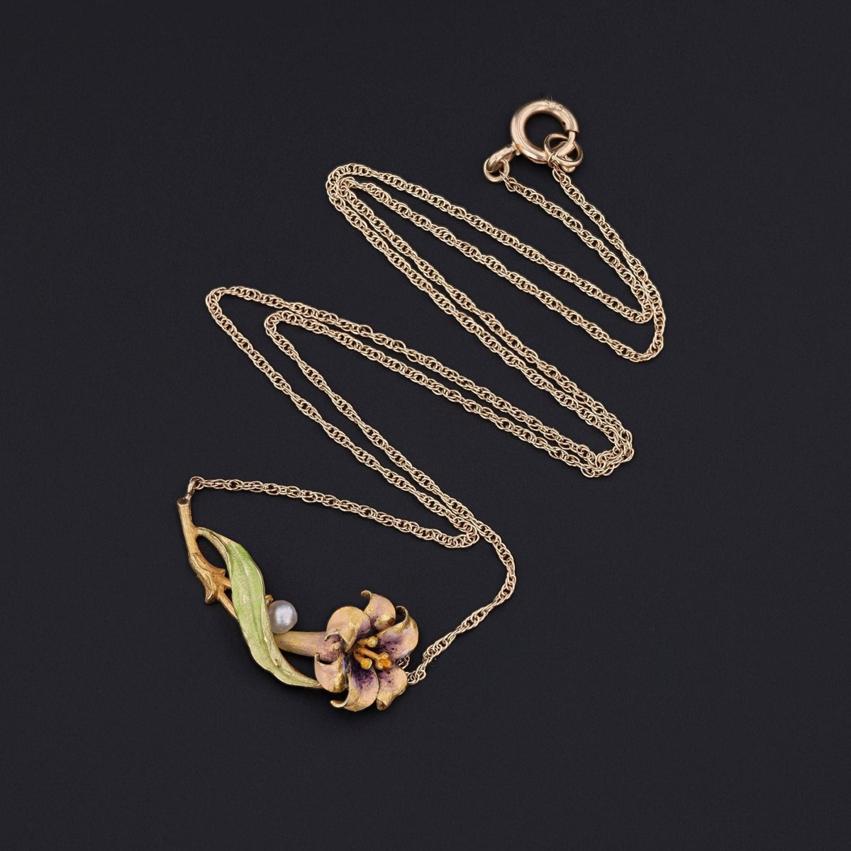 Antique Enamel Lily Conversion Necklace of 14k Gold - Trademark Antiques