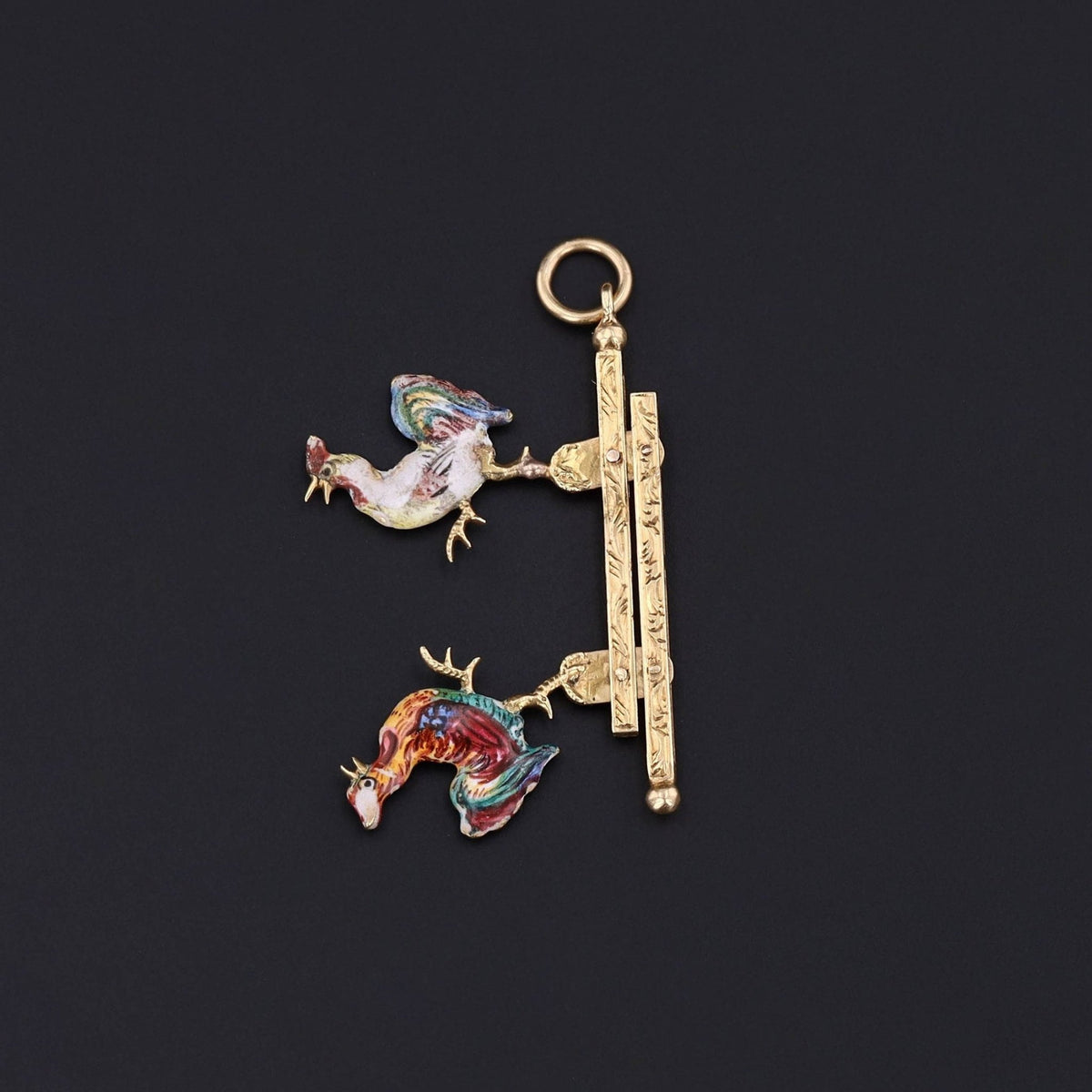 Antique Enamel Moveable Cockfight Pendant of 14k Gold - Trademark Antiques