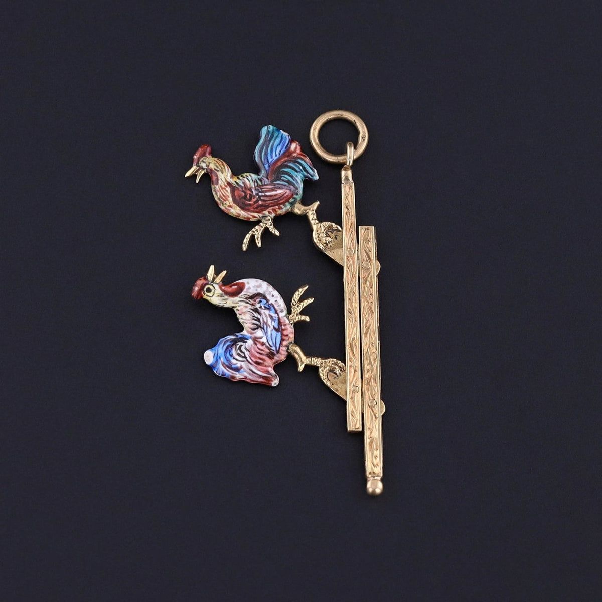 Antique Enamel Moveable Cockfight Pendant of 14k Gold - Trademark Antiques