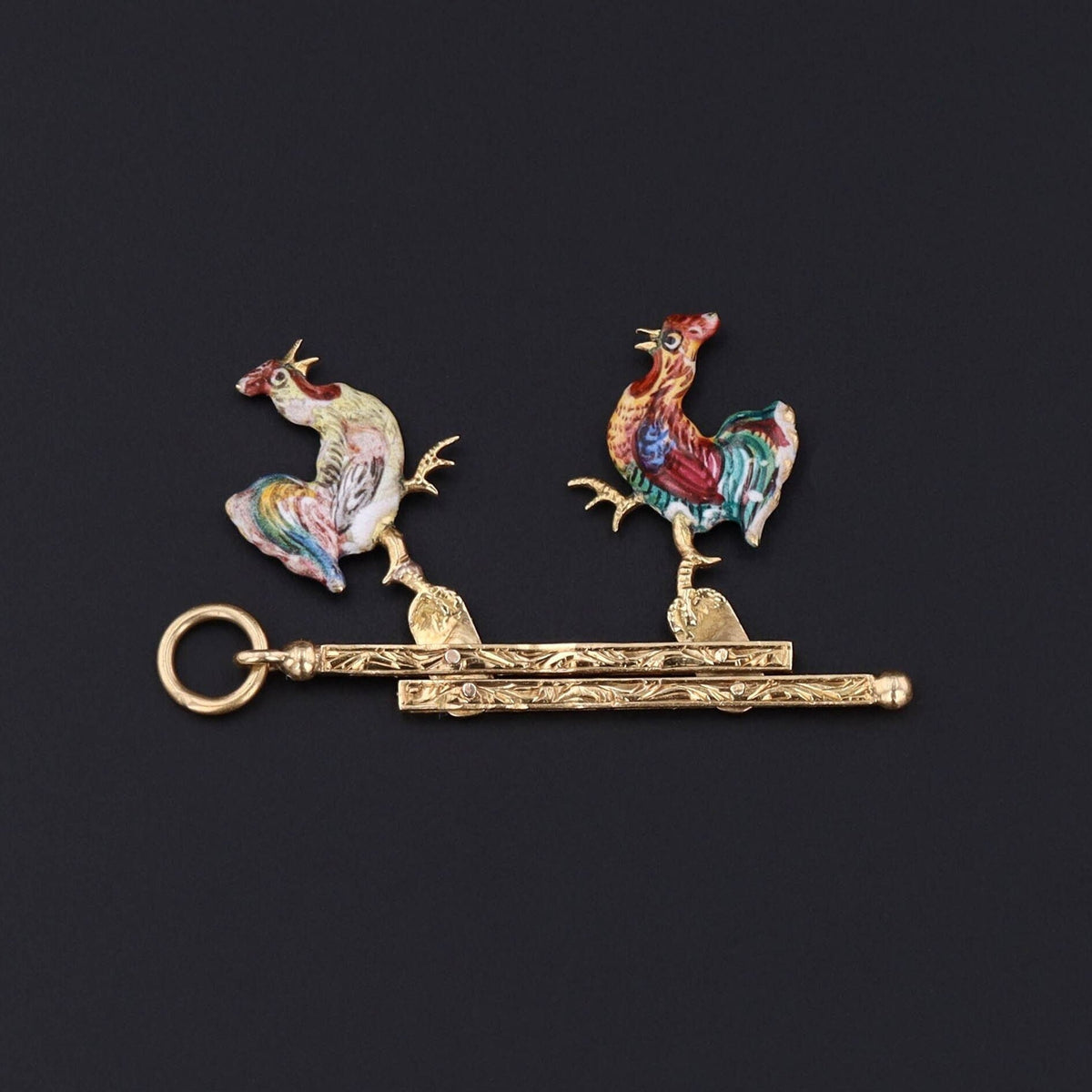 Antique Enamel Moveable Cockfight Pendant of 14k Gold - Trademark Antiques