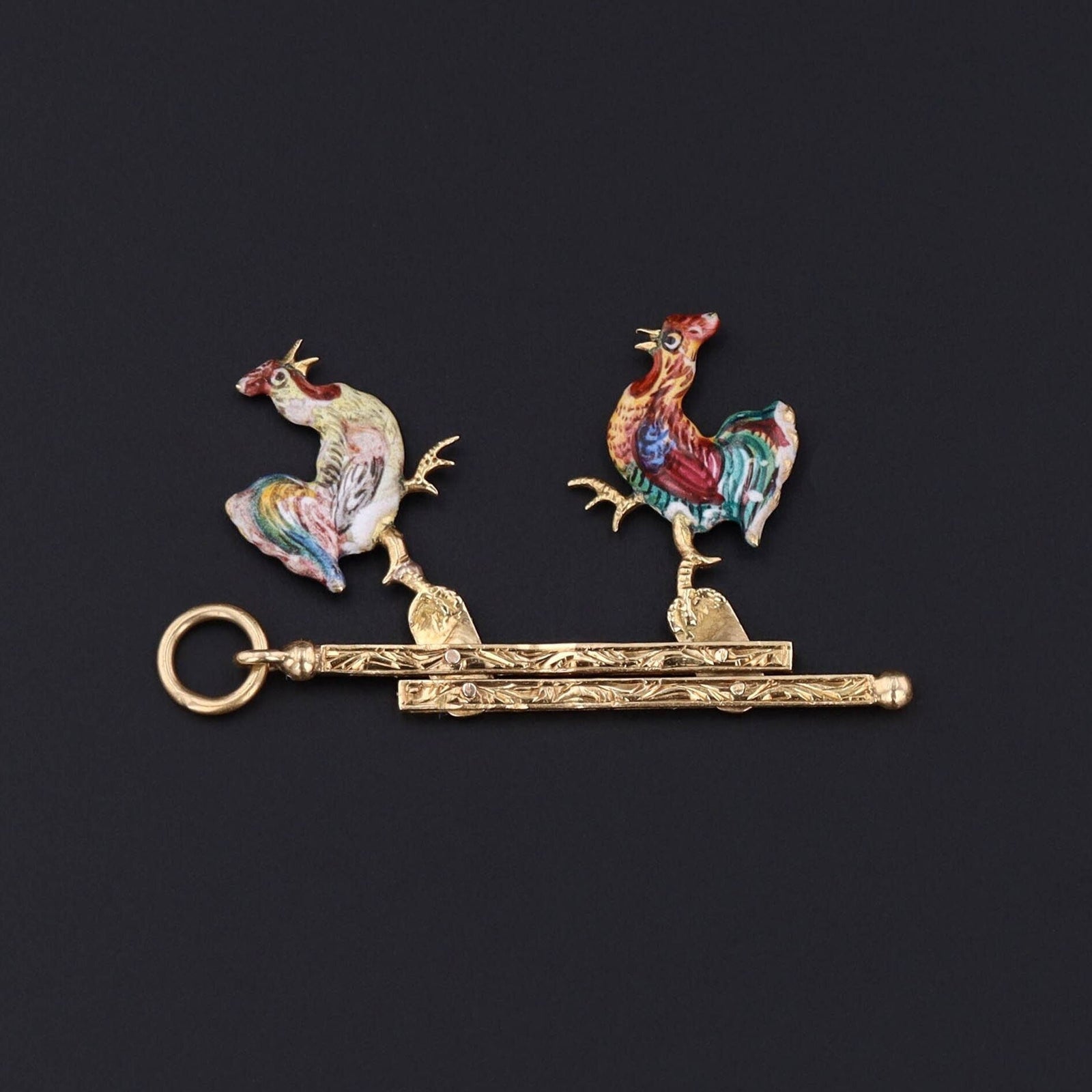 Antique Enamel Moveable Cockfight Pendant of 14k Gold - Trademark Antiques