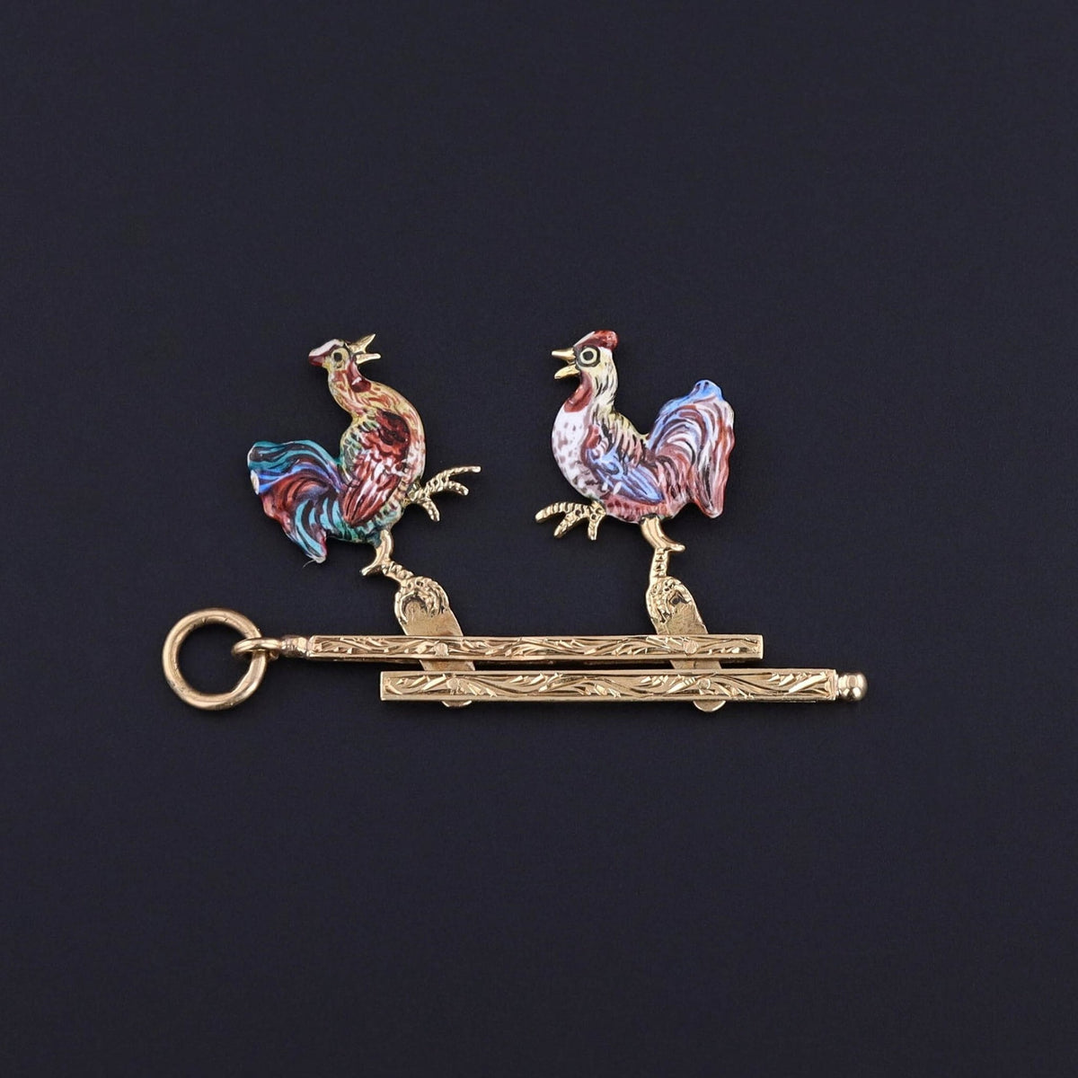 Antique Enamel Moveable Cockfight Pendant of 14k Gold - Trademark Antiques
