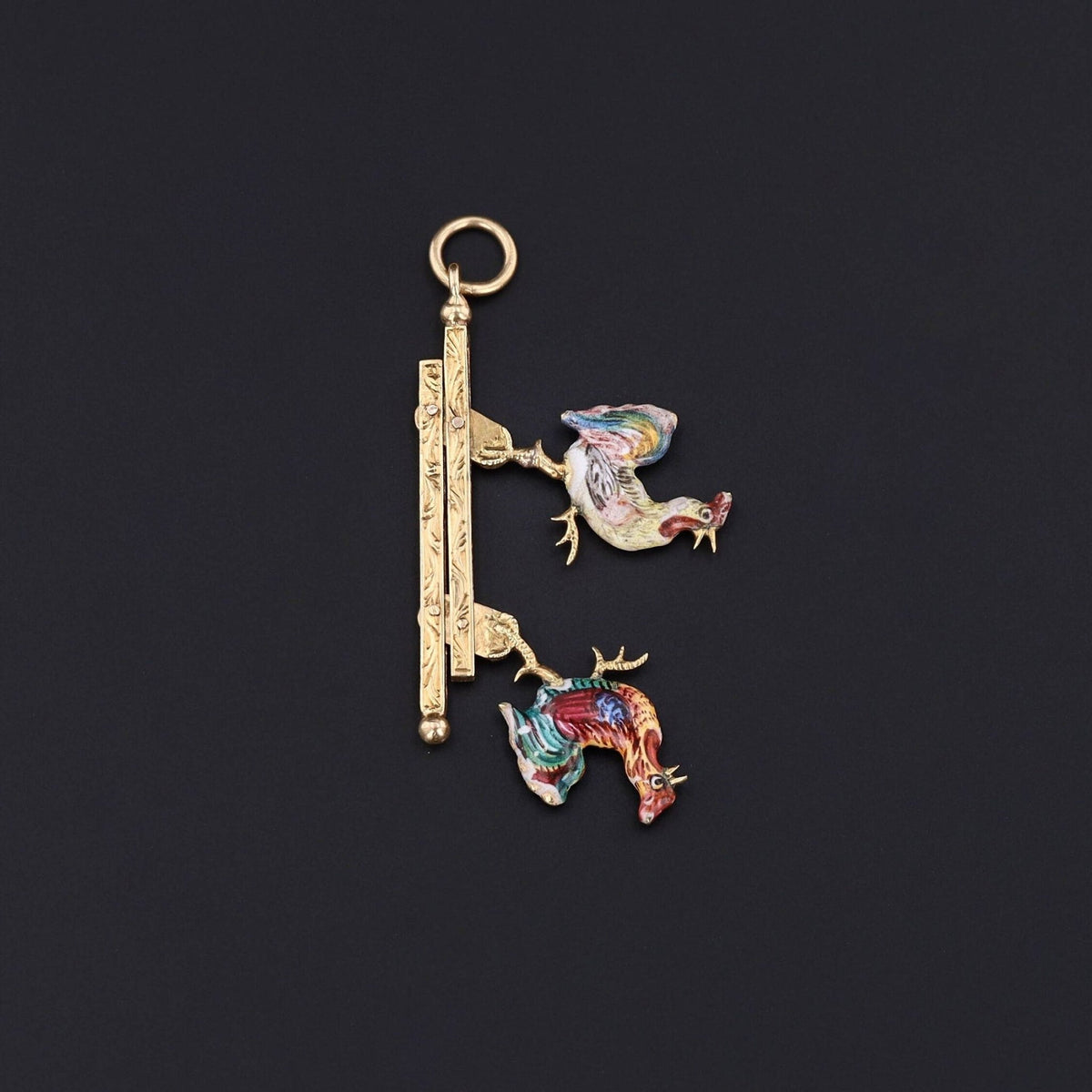 Antique Enamel Moveable Cockfight Pendant of 14k Gold - Trademark Antiques