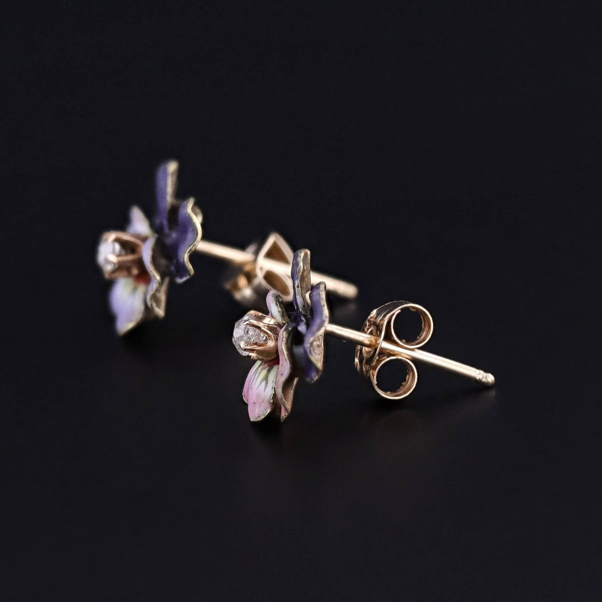 Antique Enamel Pansy Earrings of 14k Gold - Trademark Antiques