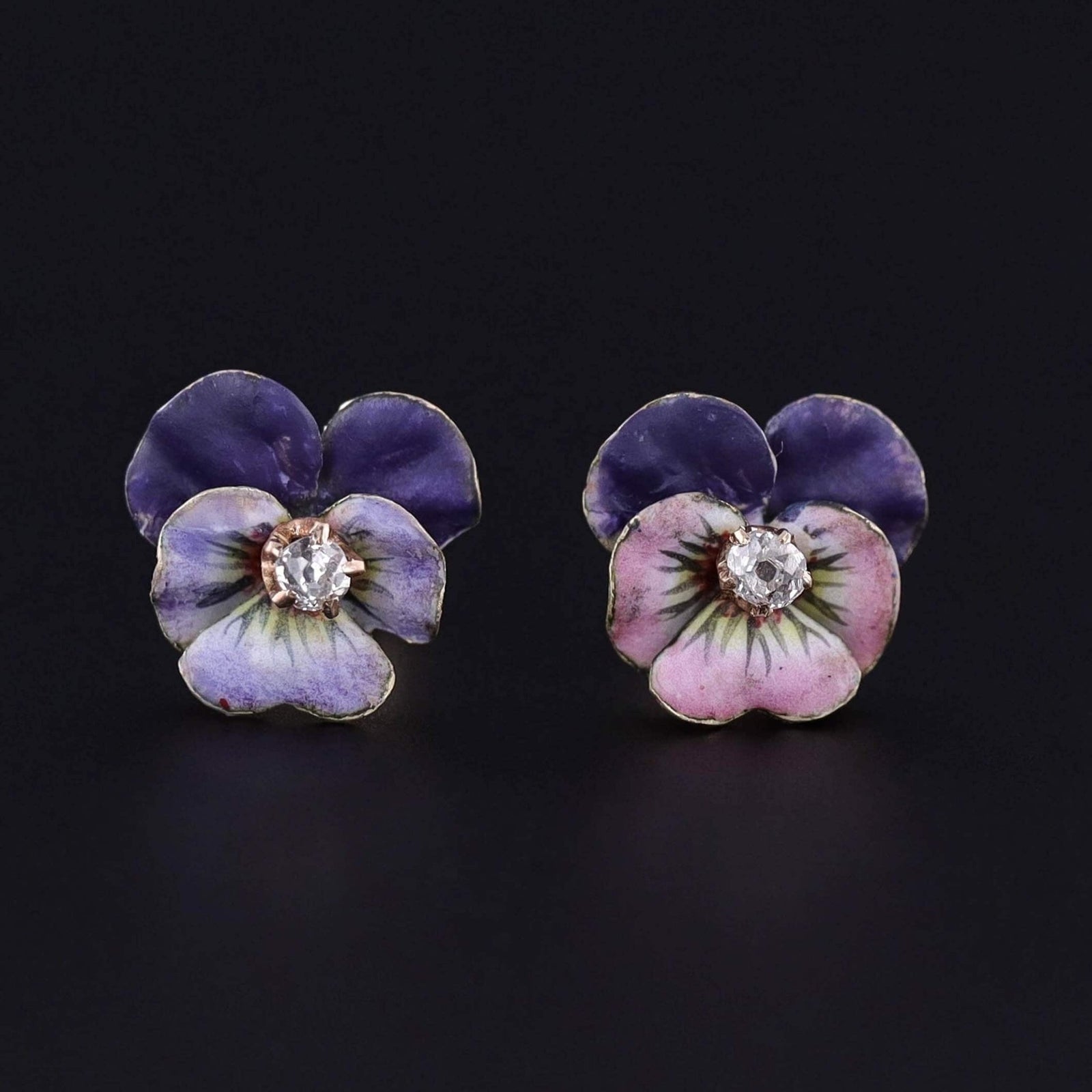 Antique Enamel Pansy Earrings of 14k Gold - Trademark Antiques