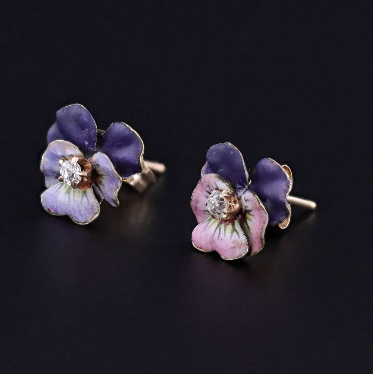 Antique Enamel Pansy Earrings of 14k Gold - Trademark Antiques