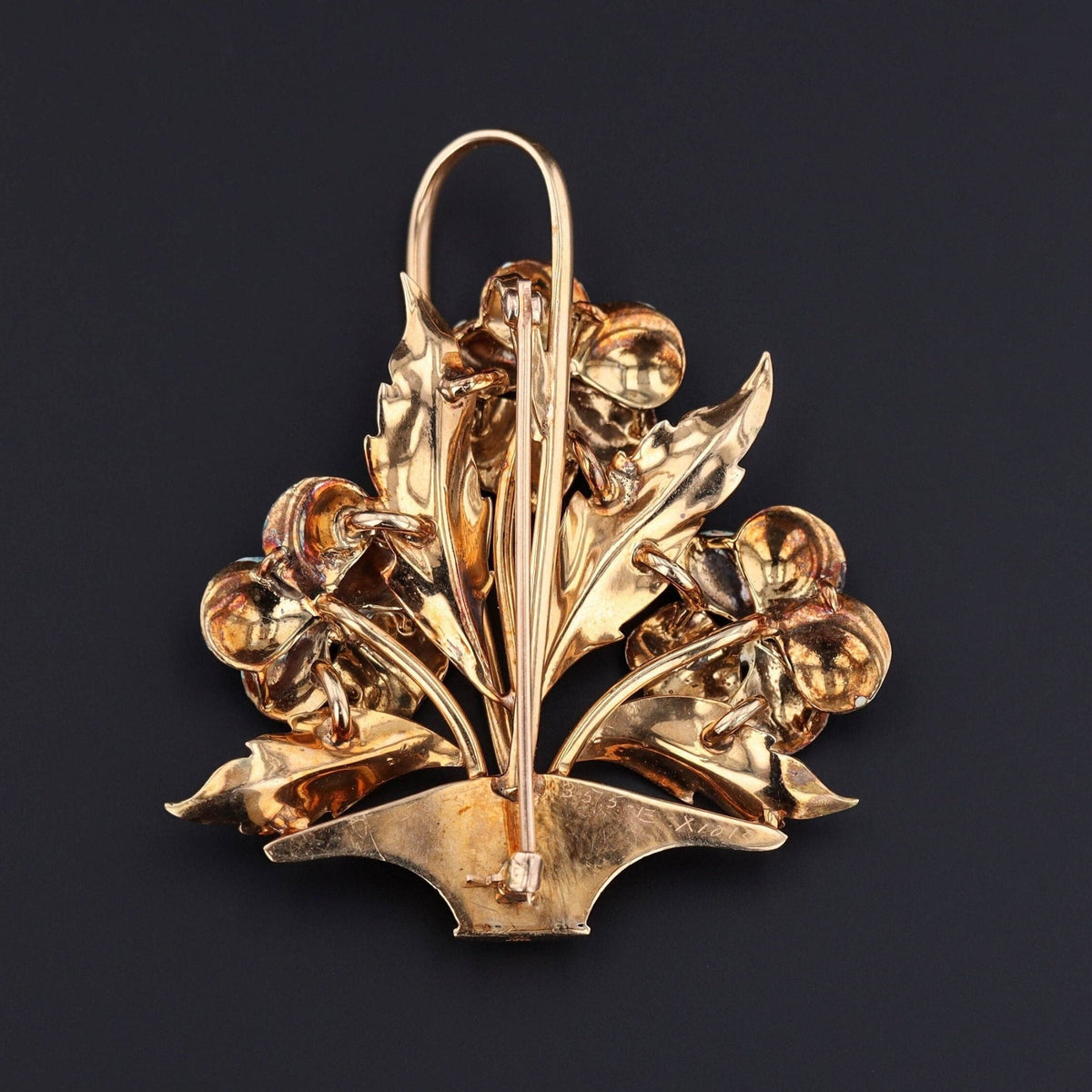 Antique Enamel Pansy Flower Basket Brooch of 14k Gold - Trademark Antiques