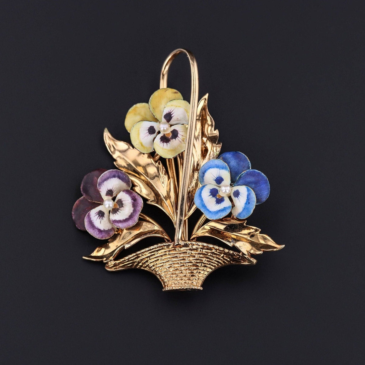 Antique Enamel Pansy Flower Basket Brooch of 14k Gold - Trademark Antiques