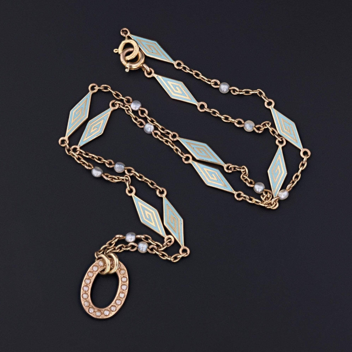 Antique Enamel &amp; Pearl Chain | 14k Gold Chain - Trademark Antiques