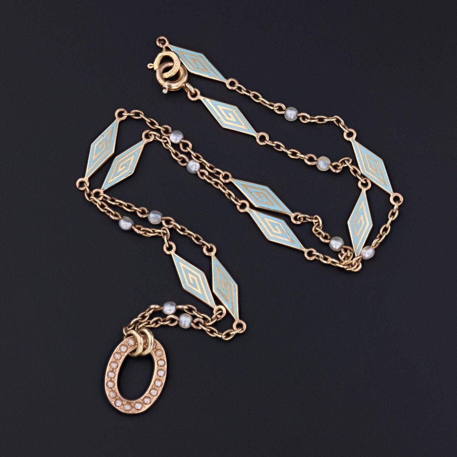 Antique Enamel & Pearl Chain | 14k Gold Chain - Trademark Antiques