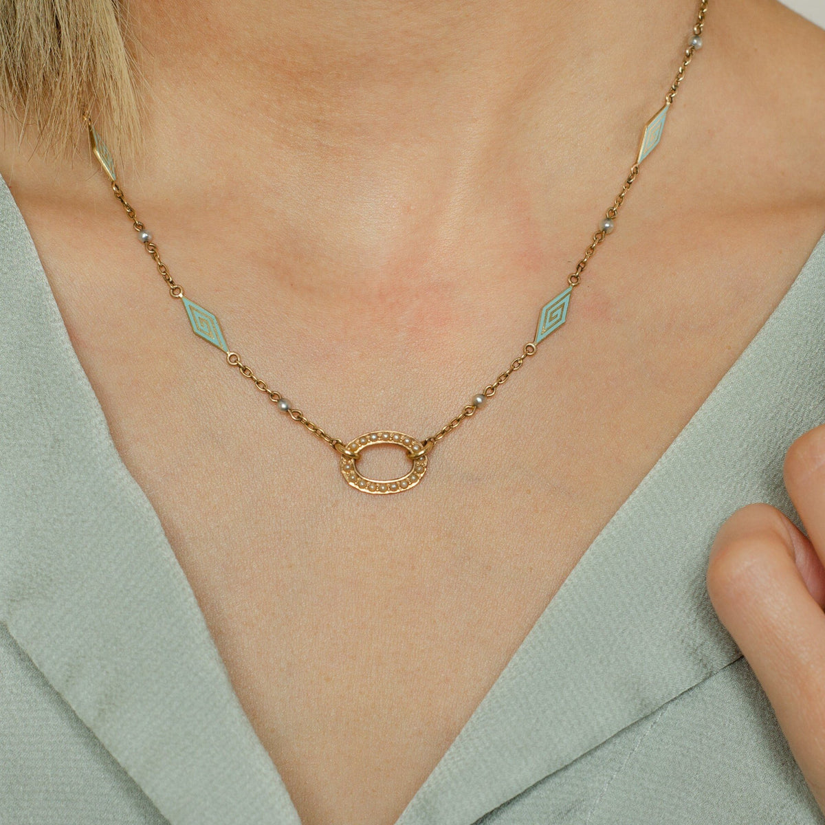 Antique Enamel &amp; Pearl Chain | 14k Gold Chain - Trademark Antiques