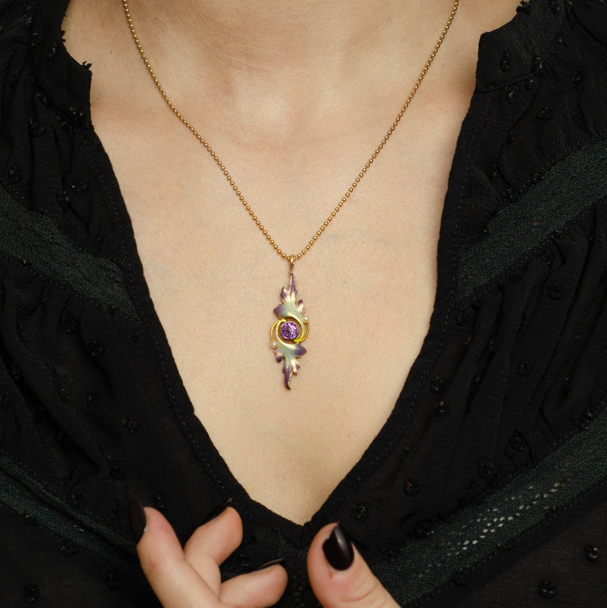 Antique Enamel Pendant | Amethyst &amp; Pearl Pendant - Trademark Antiques