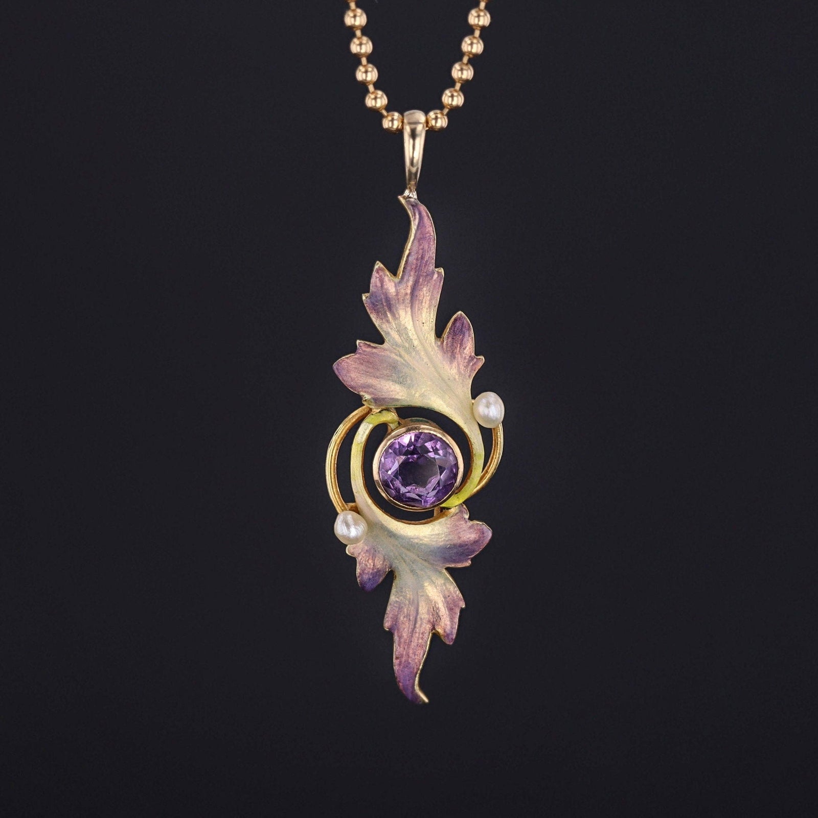 Antique Enamel Pendant | Amethyst & Pearl Pendant - Trademark Antiques