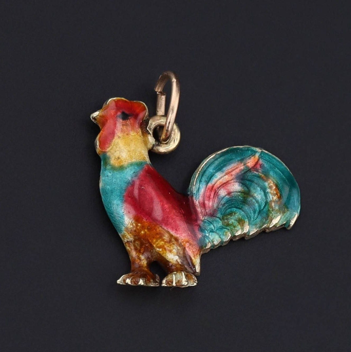 Antique Enamel Rooster Charm of 14k Gold - Trademark Antiques