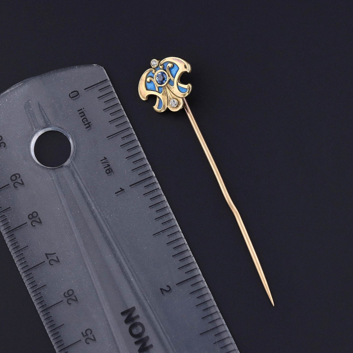 Antique Enamel Sapphire &amp; Diamond Stickpin of 14k Gold - Trademark Antiques