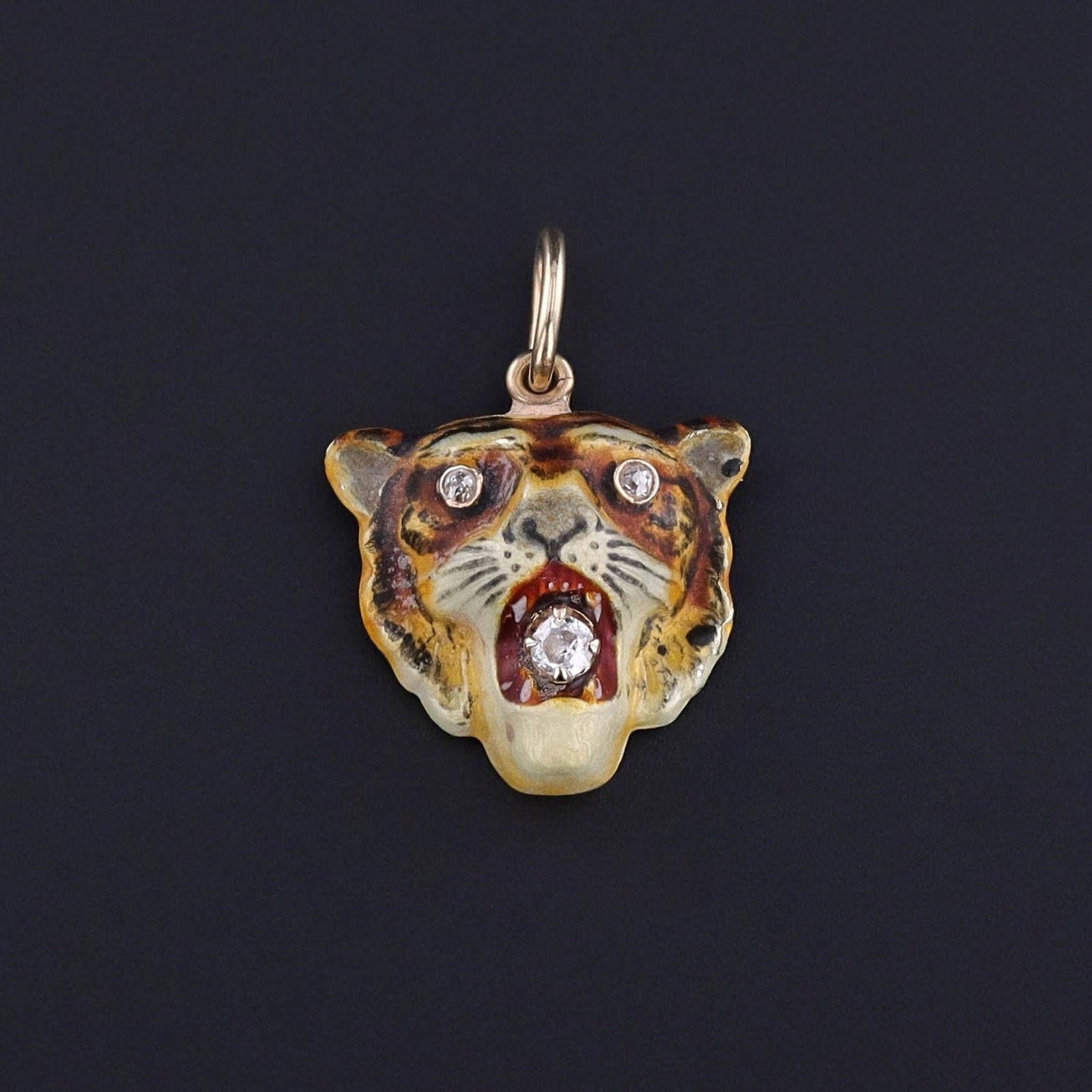 Antique Enamel Tiger Charm of 14k Gold - Trademark Antiques
