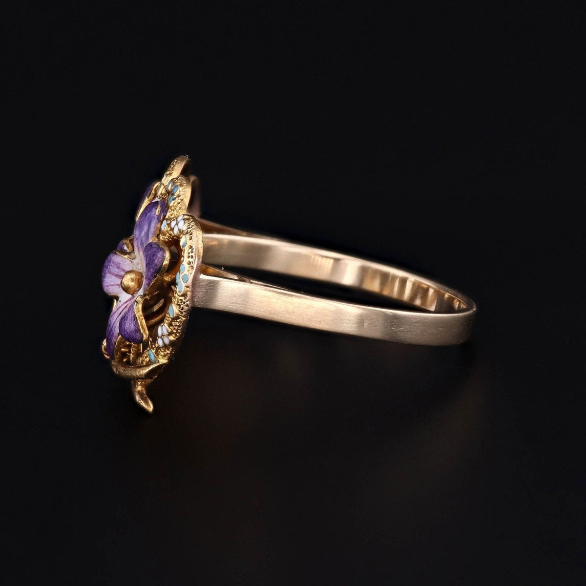 Antique Enamel Violet Flowers in Hearts Conversion Ring of 14k Gold - Trademark Antiques