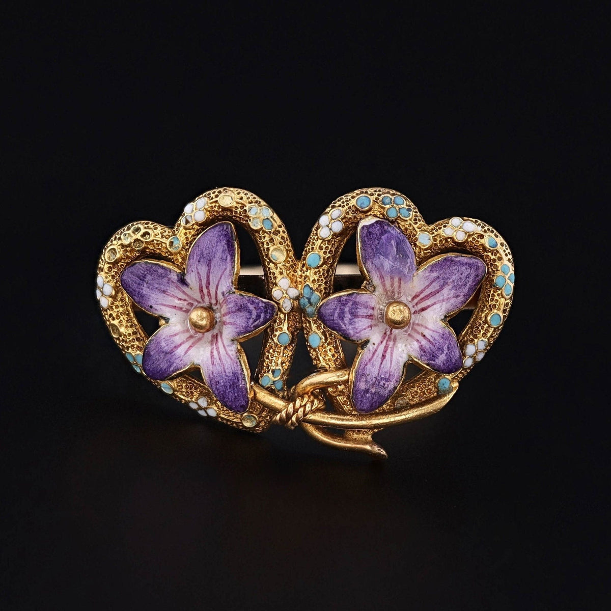 Antique Enamel Violet Flowers in Hearts Conversion Ring of 14k Gold - Trademark Antiques