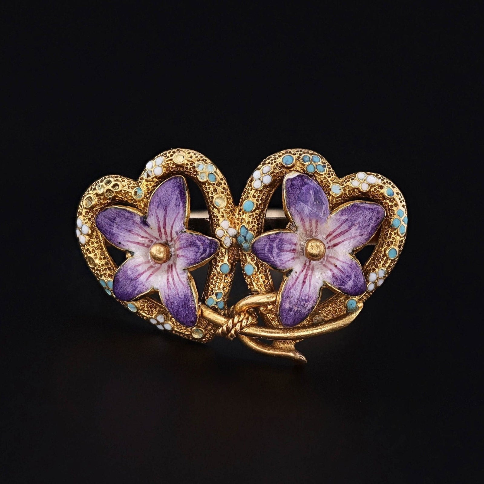 Antique Enamel Violet Flowers in Hearts Conversion Ring of 14k Gold - Trademark Antiques