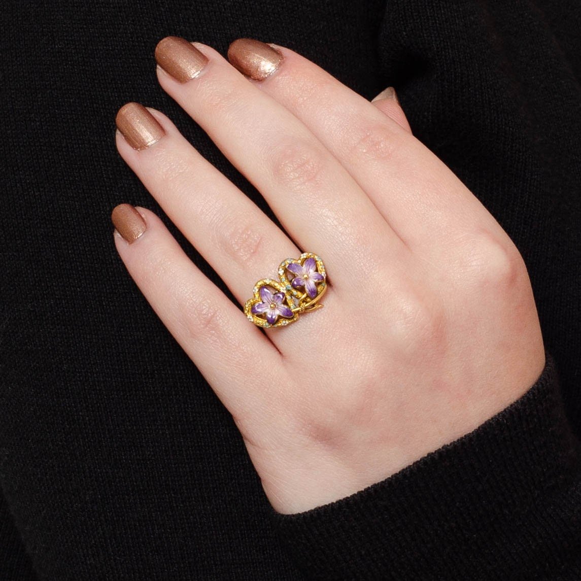 Antique Enamel Violet Flowers in Hearts Conversion Ring of 14k Gold - Trademark Antiques