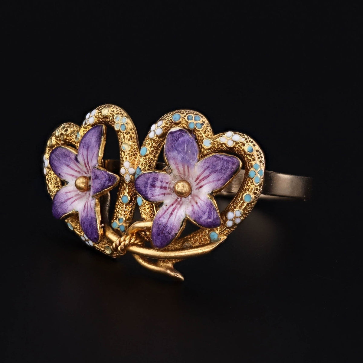 Antique Enamel Violet Flowers in Hearts Conversion Ring of 14k Gold - Trademark Antiques