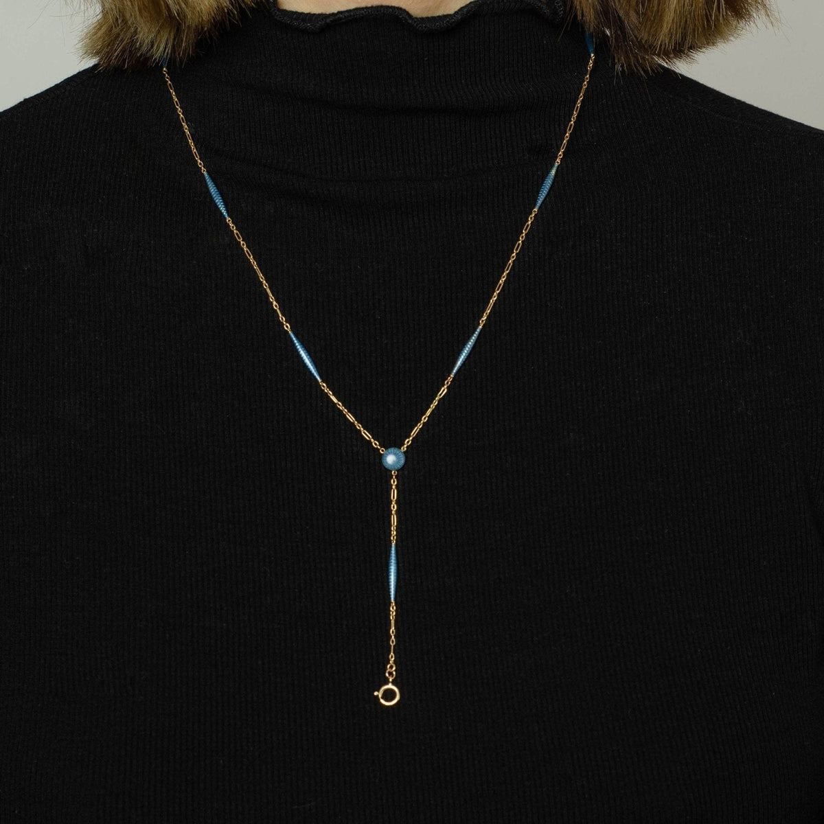 Antique Enamel Watch Chain | 14k Gold &amp; Blue Enamel Chain - Trademark Antiques