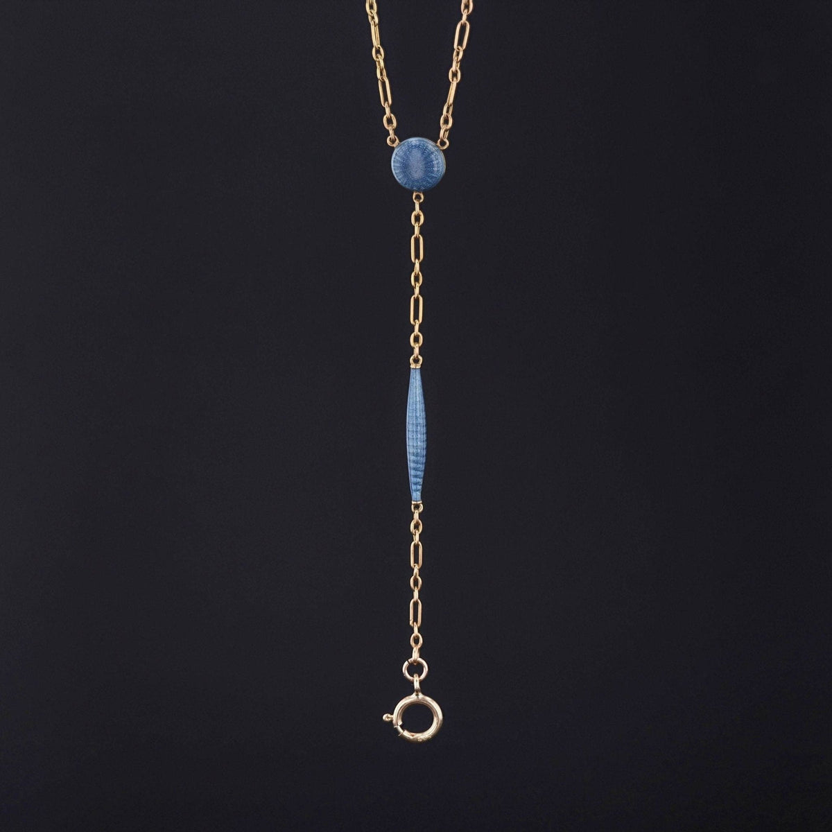 Antique Enamel Watch Chain | 14k Gold &amp; Blue Enamel Chain - Trademark Antiques