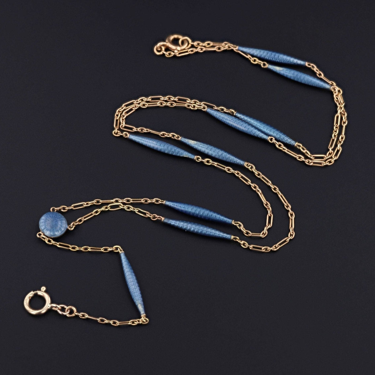 Antique Enamel Watch Chain | 14k Gold &amp; Blue Enamel Chain - Trademark Antiques