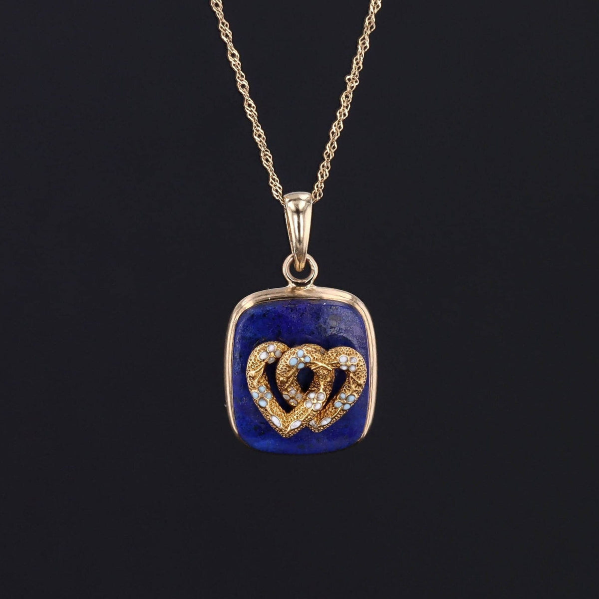 Antique Entwined Hearts Lapis Pendant of 14k Gold - Trademark Antiques