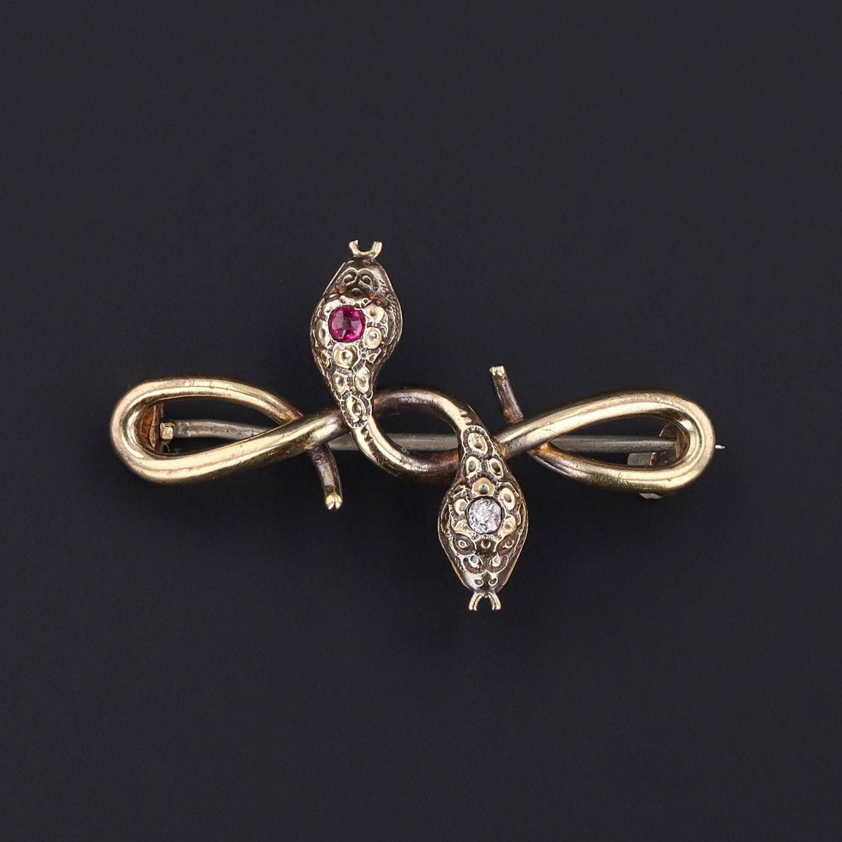 Antique Entwined Snakes with Diamond and Ruby Brooch of 14k Gold - Trademark Antiques