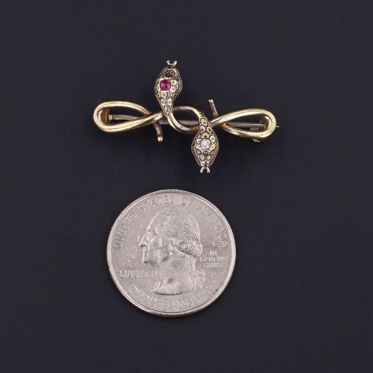Antique Entwined Snakes with Diamond and Ruby Brooch of 14k Gold - Trademark Antiques