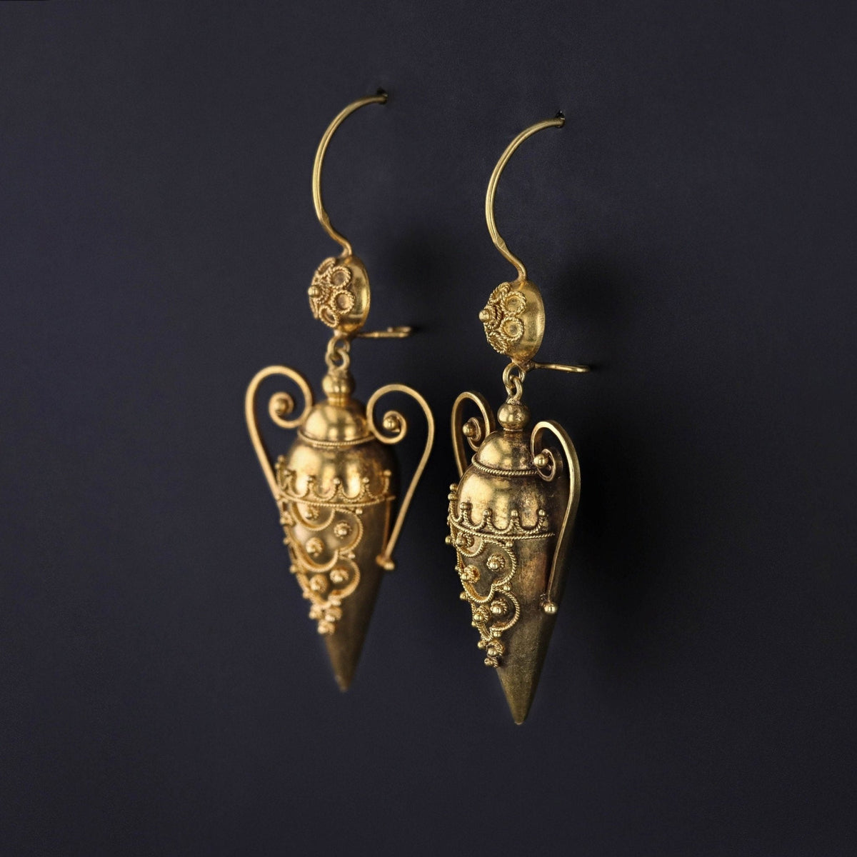 Antique Etruscan Revival Amphora Earrings of 18k Gold - Trademark Antiques