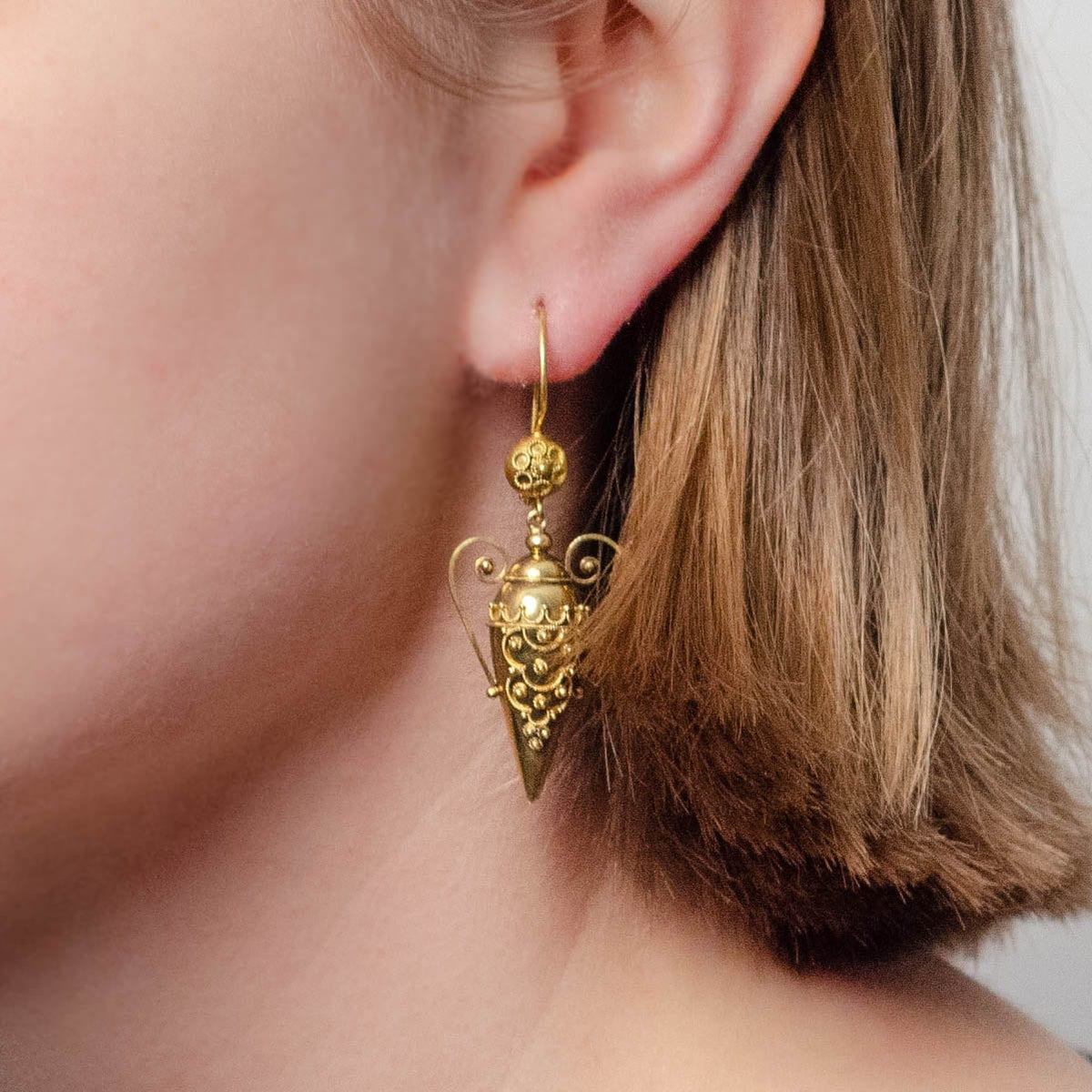 Antique Etruscan Revival Amphora Earrings of 18k Gold - Trademark Antiques