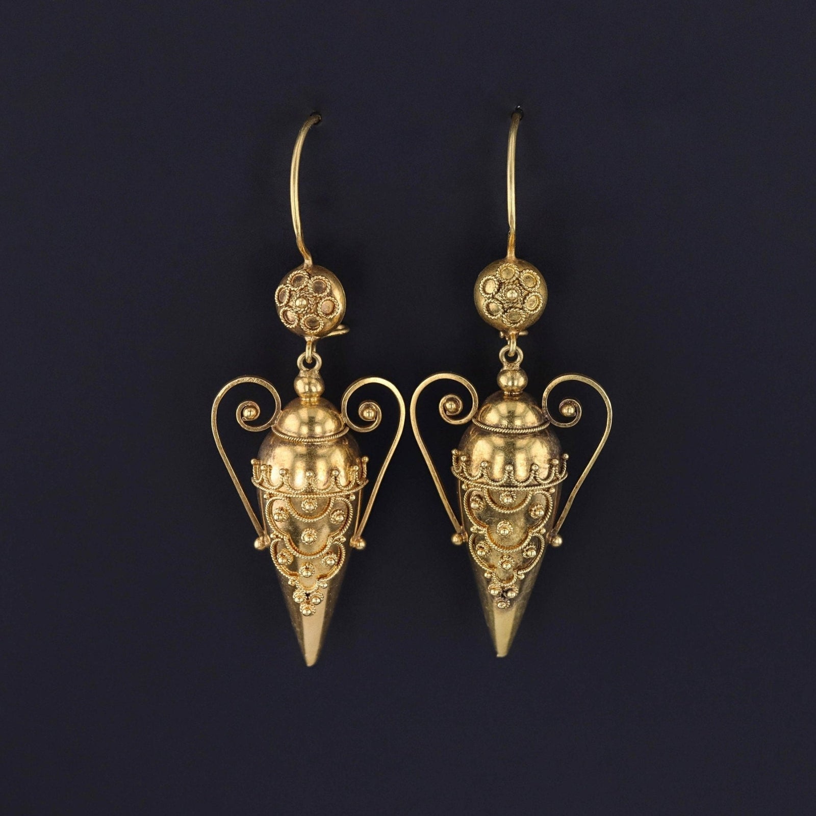 Antique Etruscan Revival Amphora Earrings of 18k Gold - Trademark Antiques