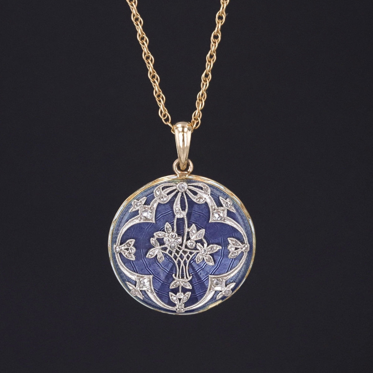 Antique Flower Basket Necklace | Diamond &amp; Enamel Necklace - Trademark Antiques