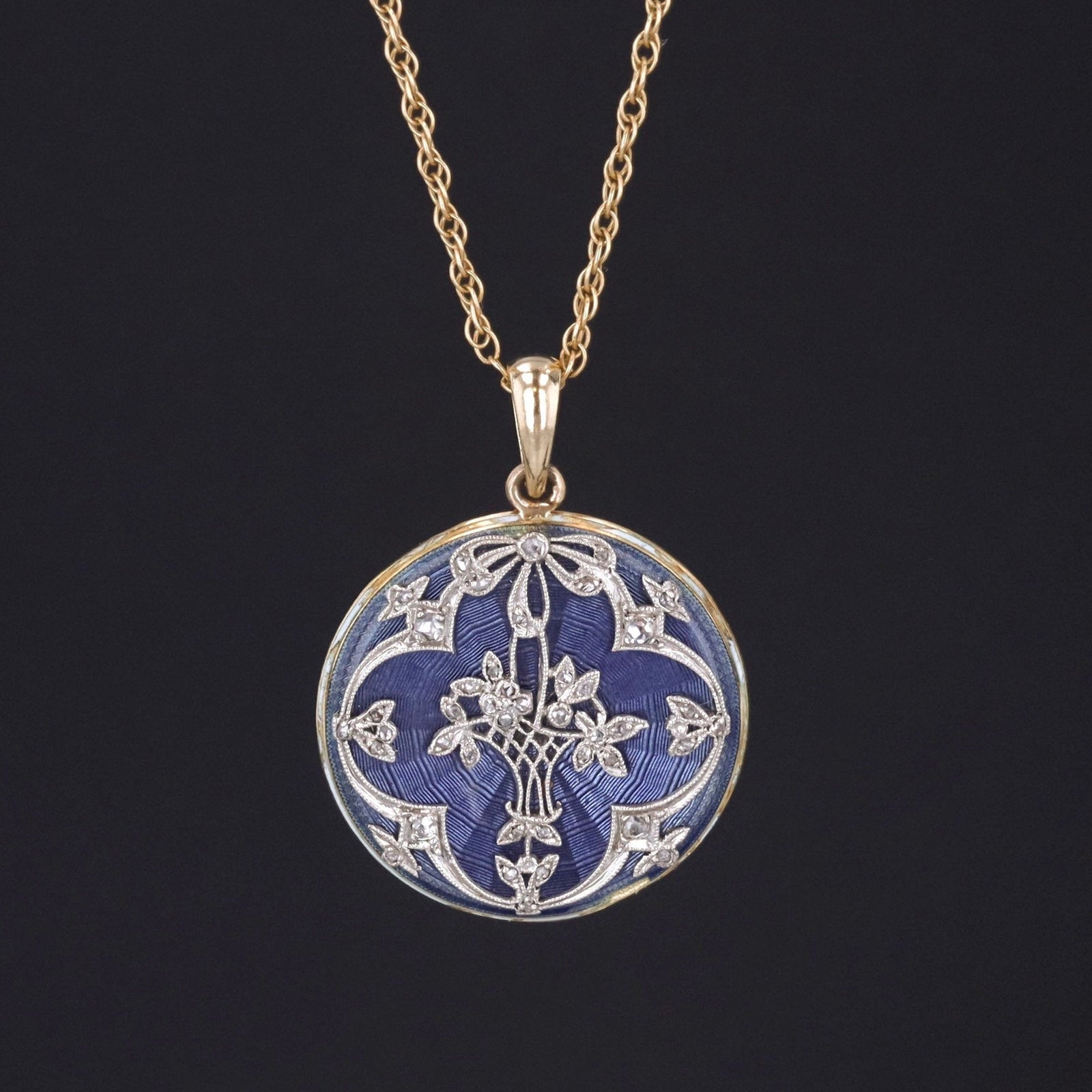 Antique Flower Basket Necklace | Diamond & Enamel Necklace - Trademark Antiques