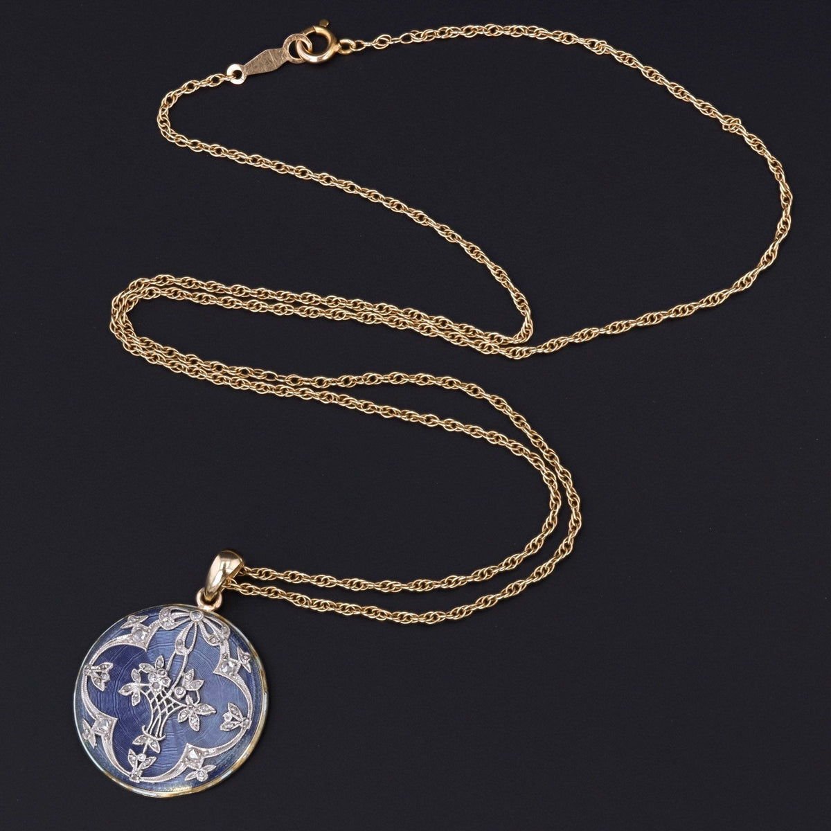 Antique Flower Basket Necklace | Diamond &amp; Enamel Necklace - Trademark Antiques